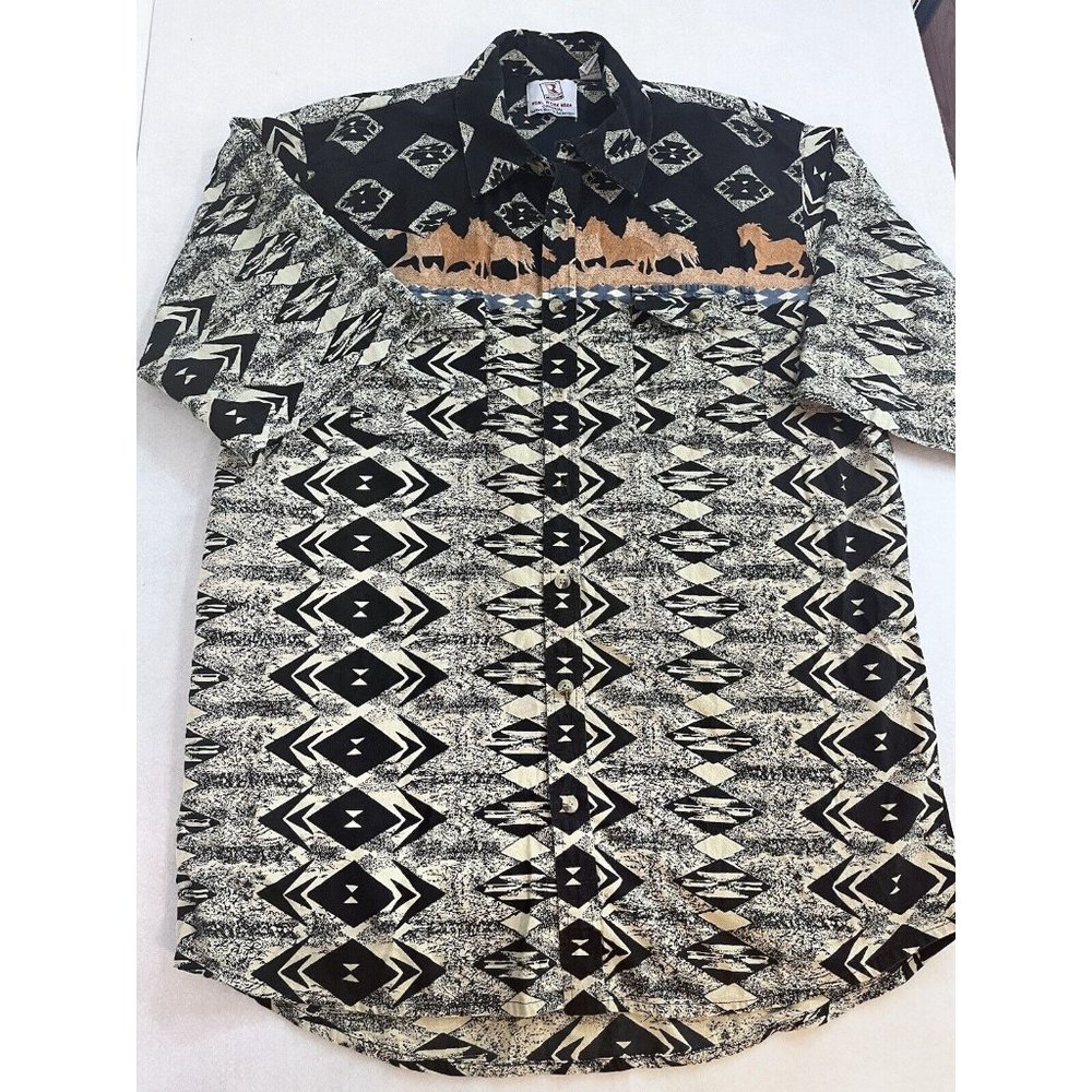 Real Work Wear Western Horse Print Button Up Shirt Mens 2XLT